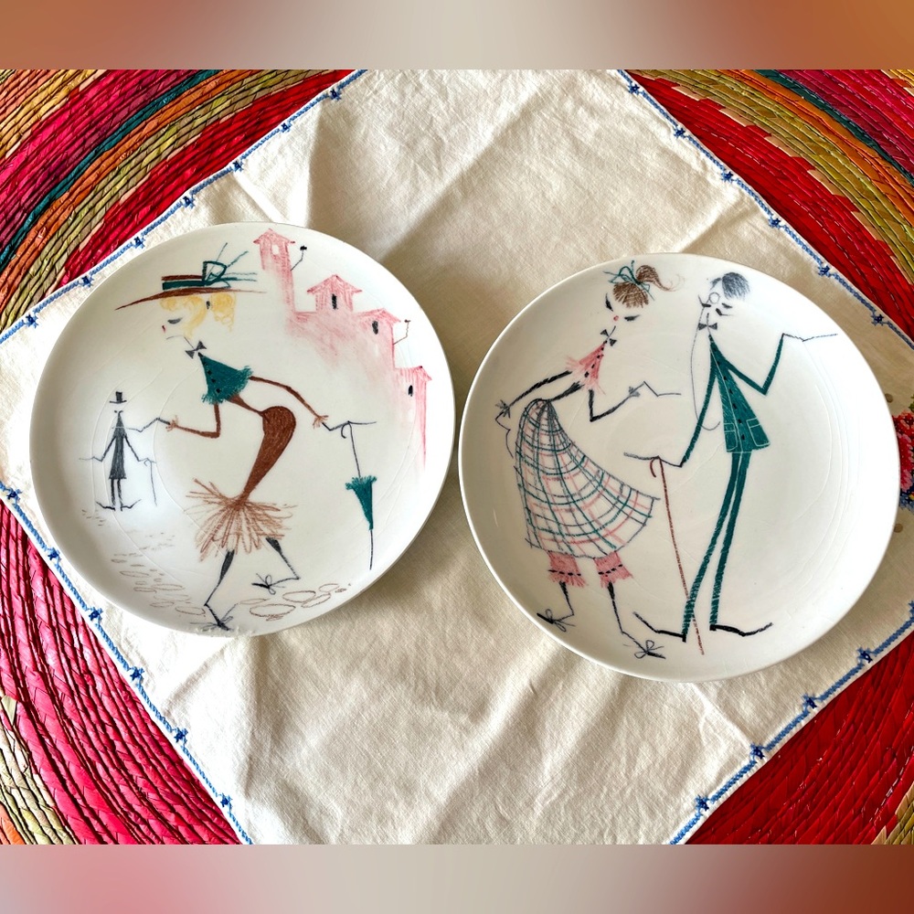 Vintage set of two fanciful Milvia Italian hand painted plates (ready to hang)